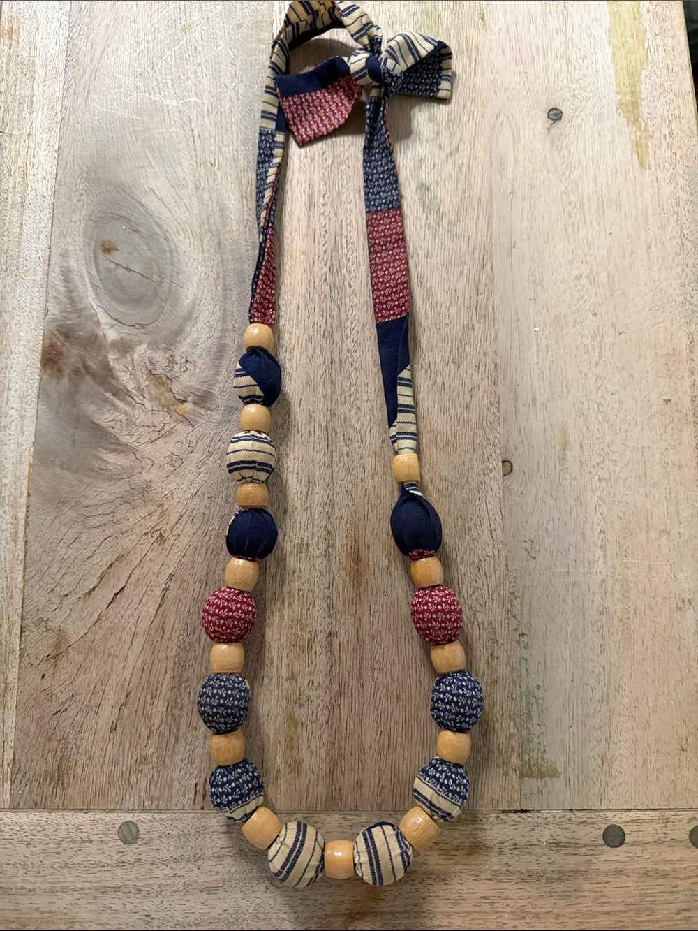 Fabric and Wood Bead Necklace - Navy, Red, Cream fabric is a little dirty